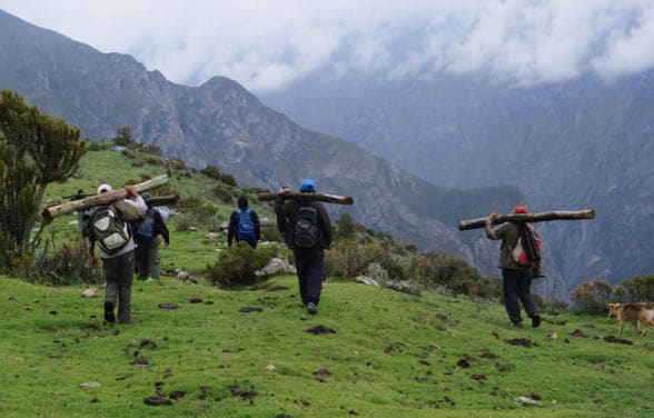 Miraflores, Perú: Miembros de la comunidad llevan postes para cercar y así proteger pastizales que están recuperando gracias al agua que llega a través de un antiguo canal que se ha rehabilitado